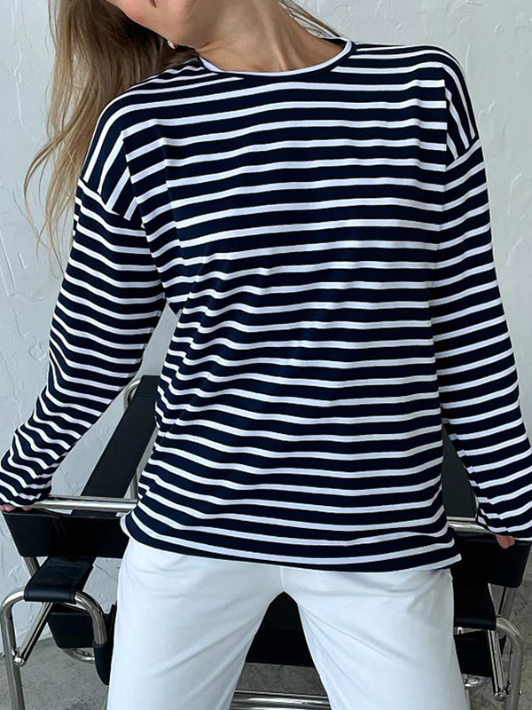 Long Sleeves Loose Striped Round-Neck T-Shirts Tops - Image 5