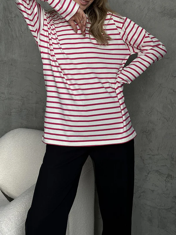 Long Sleeves Loose Striped Round-Neck T-Shirts Tops - Image 6