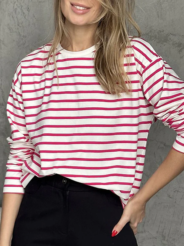 Long Sleeves Loose Striped Round-Neck T-Shirts Tops - Image 8