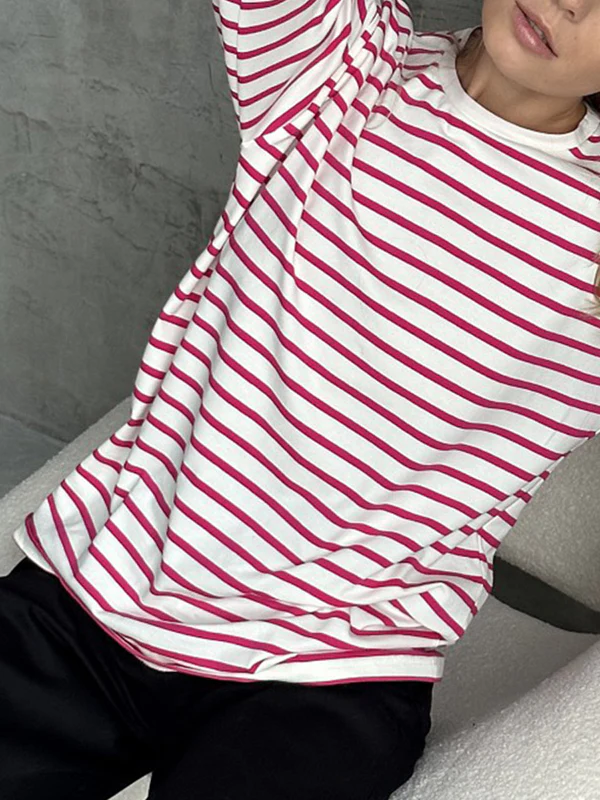 Long Sleeves Loose Striped Round-Neck T-Shirts Tops - Image 9