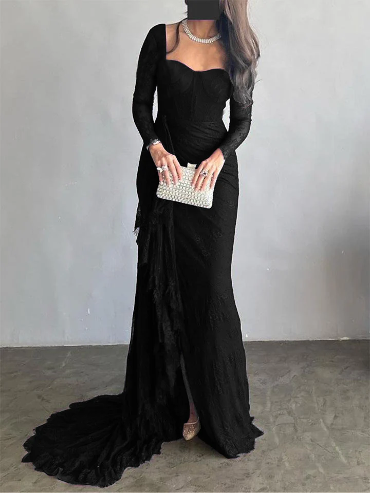 Long Sleeves Mermaid Mesh See-Through Split-Side Square-Neck Evening Dresses Maxi Dresses - Image 2