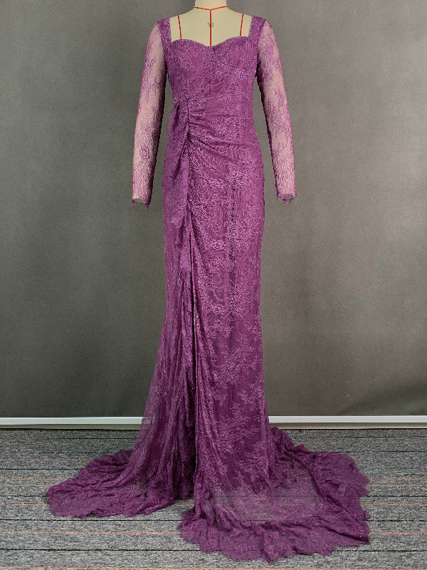 Long Sleeves Mermaid Mesh See-Through Split-Side Square-Neck Evening Dresses Maxi Dresses - Image 3