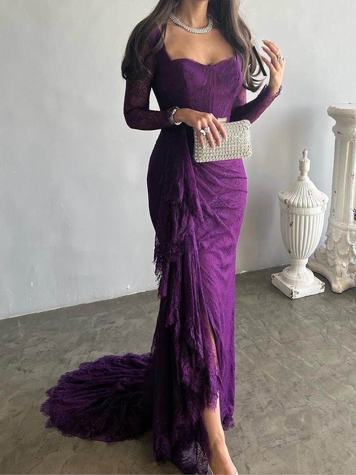 Long Sleeves Mermaid Mesh See-Through Split-Side Square-Neck Evening Dresses Maxi Dresses - Image 7