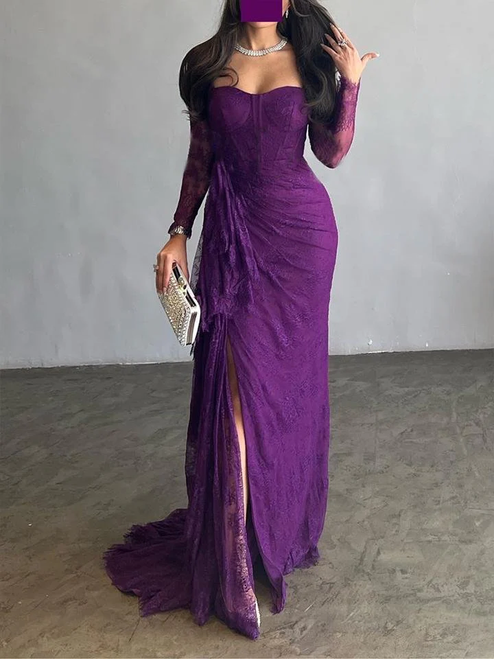 Long Sleeves Mermaid Mesh See-Through Split-Side Square-Neck Evening Dresses Maxi Dresses - Image 8