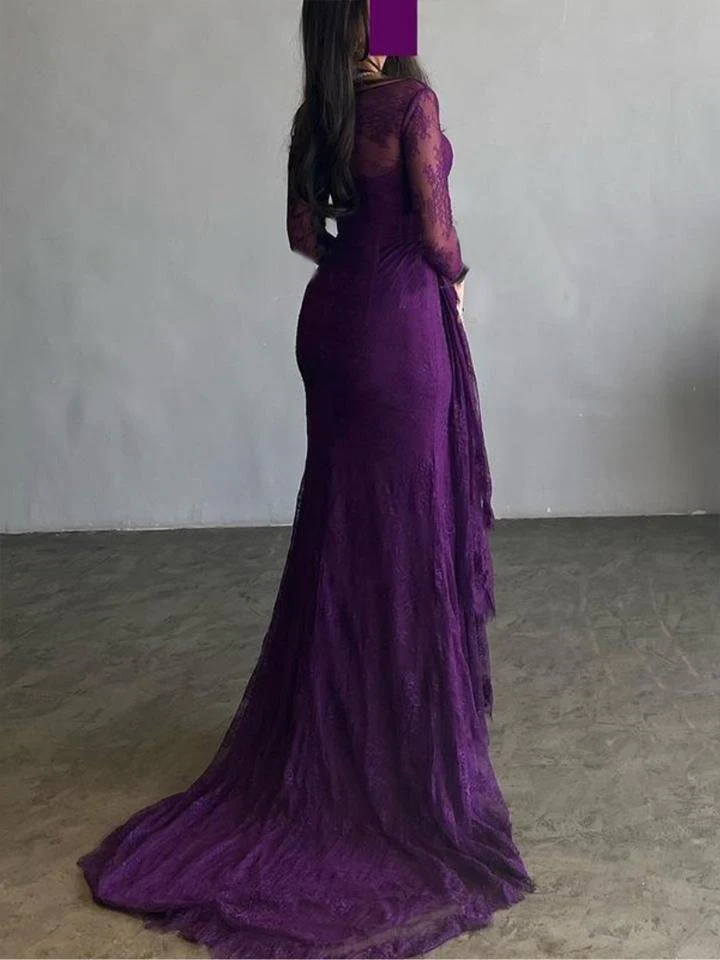 Long Sleeves Mermaid Mesh See-Through Split-Side Square-Neck Evening Dresses Maxi Dresses - Image 9
