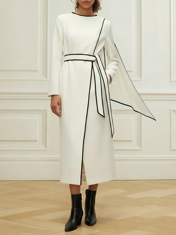 Long Sleeves Minimalist Belted Comfort Contrast Color Round-Neck Midi Dresses - Image 2