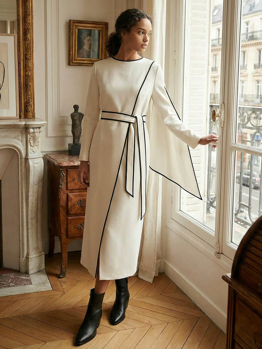Long Sleeves Minimalist Belted Comfort Contrast Color Round-Neck Midi Dresses - Image 3