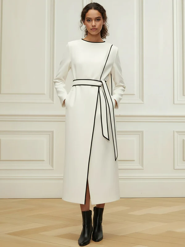 Long Sleeves Minimalist Belted Comfort Contrast Color Round-Neck Midi Dresses - Image 6