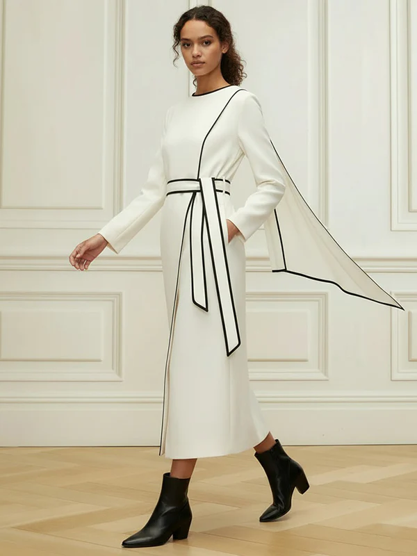 Long Sleeves Minimalist Belted Comfort Contrast Color Round-Neck Midi Dresses - Image 7