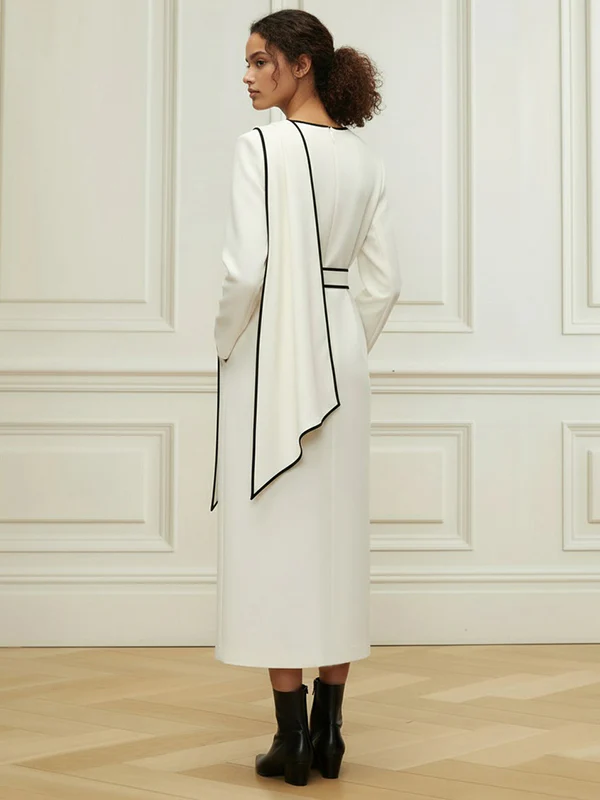 Long Sleeves Minimalist Belted Comfort Contrast Color Round-Neck Midi Dresses - Image 8