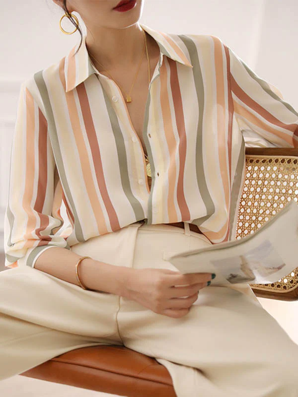 Long Sleeves Multi-Colored Striped Lapel Shirts Tops - Image 2