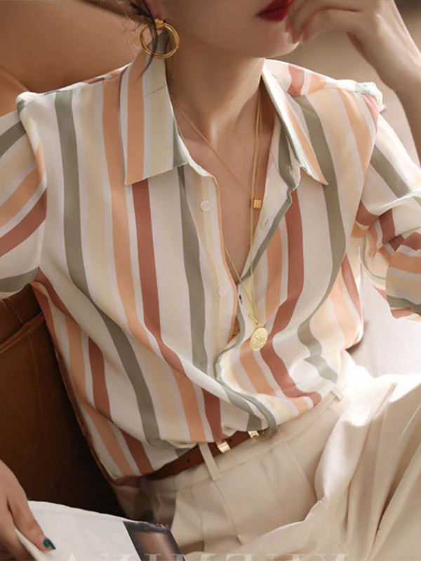 Long Sleeves Multi-Colored Striped Lapel Shirts Tops - Image 3