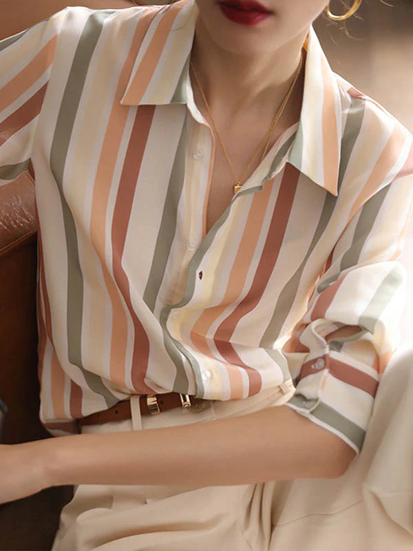 Long Sleeves Multi-Colored Striped Lapel Shirts Tops - Image 4