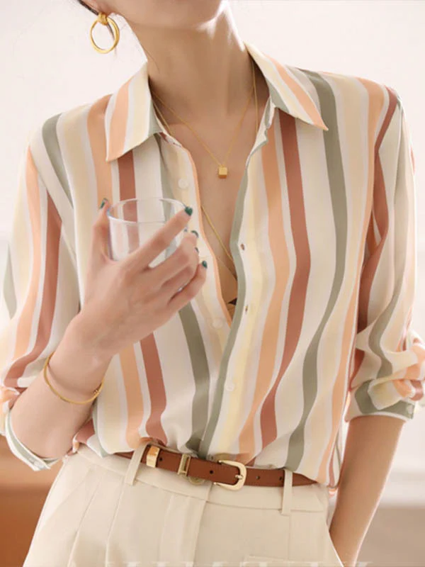 Long Sleeves Multi-Colored Striped Lapel Shirts Tops - Image 5