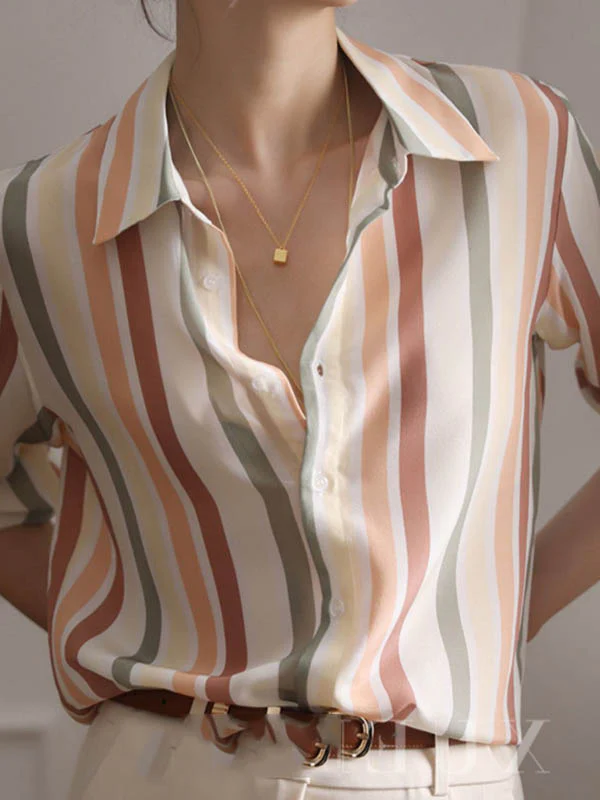 Long Sleeves Multi-Colored Striped Lapel Shirts Tops - Image 6