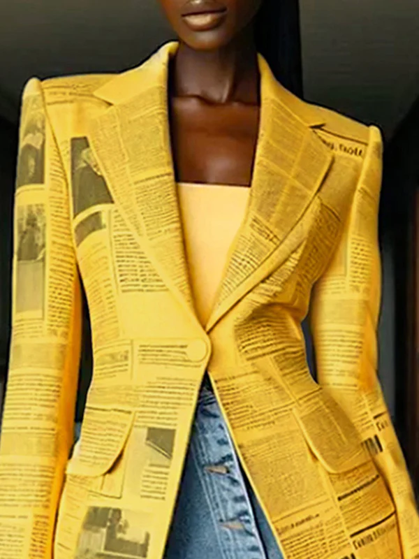 Long Sleeves Newspaper Print Split-Joint Lapel Blazer Suits - Image 2