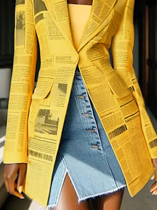 Long Sleeves Newspaper Print Split-Joint Lapel Blazer Suits - Image 3