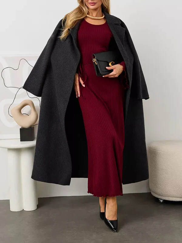 Long Sleeves Pleated Ruffled Solid Color Split-Joint Round-Neck Maxi Dresses - Image 10