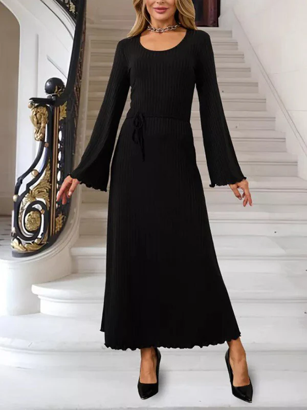 Long Sleeves Pleated Ruffled Solid Color Split-Joint Round-Neck Maxi Dresses - Image 11