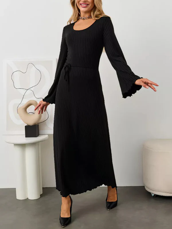 Long Sleeves Pleated Ruffled Solid Color Split-Joint Round-Neck Maxi Dresses - Image 12