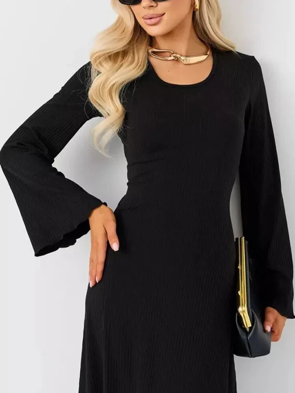 Long Sleeves Pleated Ruffled Solid Color Split-Joint Round-Neck Maxi Dresses - Image 15