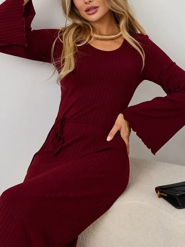 Long Sleeves Pleated Ruffled Solid Color Split-Joint Round-Neck Maxi Dresses - Image 18