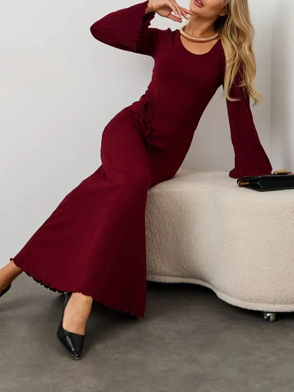 Long Sleeves Pleated Ruffled Solid Color Split-Joint Round-Neck Maxi Dresses - Image 19