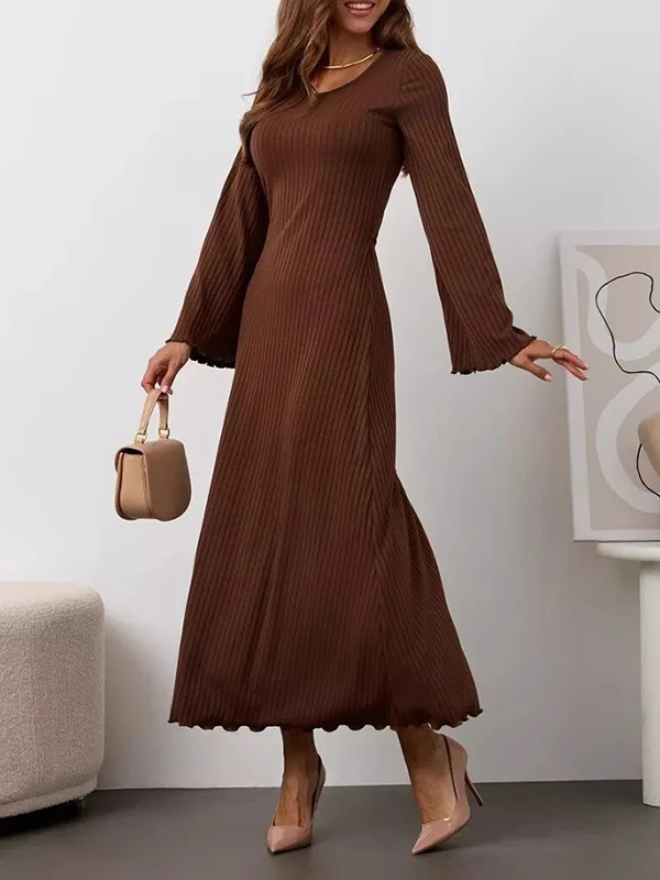 Long Sleeves Pleated Ruffled Solid Color Split-Joint Round-Neck Maxi Dresses - Image 2