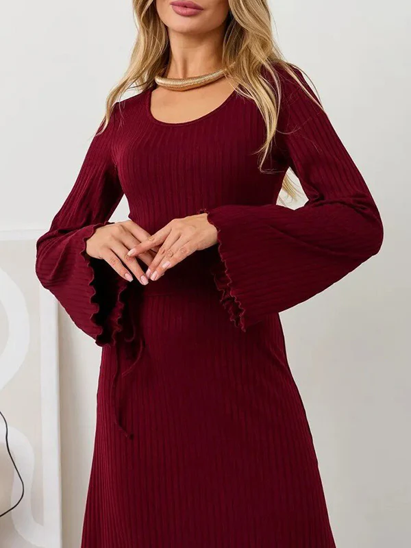 Long Sleeves Pleated Ruffled Solid Color Split-Joint Round-Neck Maxi Dresses - Image 20