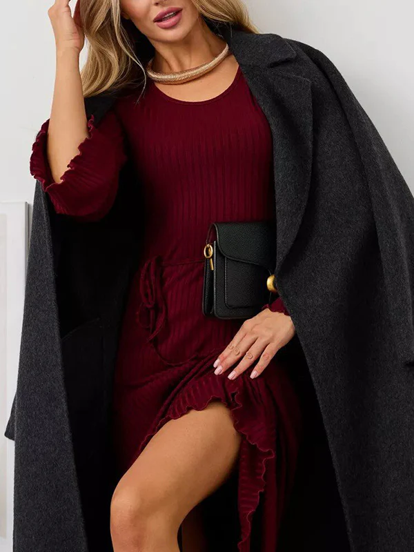 Long Sleeves Pleated Ruffled Solid Color Split-Joint Round-Neck Maxi Dresses - Image 21