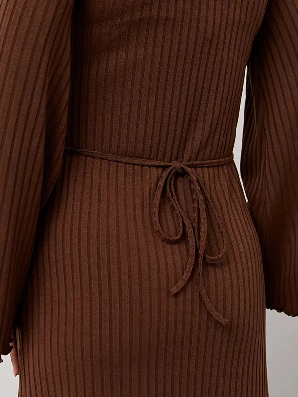 Long Sleeves Pleated Ruffled Solid Color Split-Joint Round-Neck Maxi Dresses - Image 24