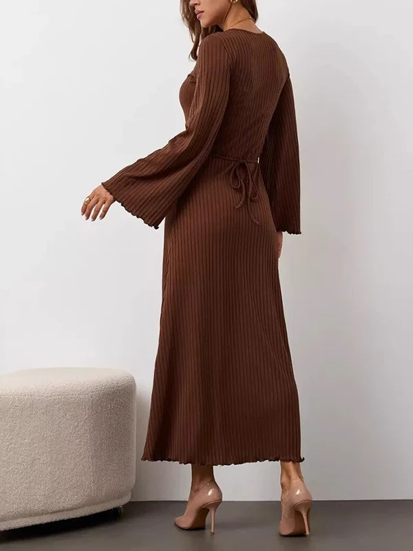 Long Sleeves Pleated Ruffled Solid Color Split-Joint Round-Neck Maxi Dresses - Image 3