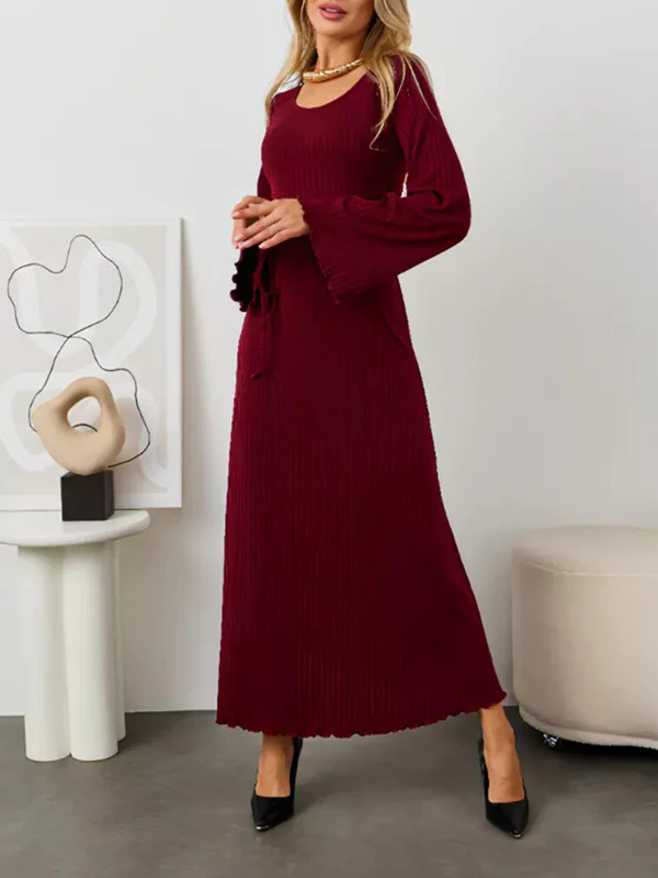 Long Sleeves Pleated Ruffled Solid Color Split-Joint Round-Neck Maxi Dresses - Image 5