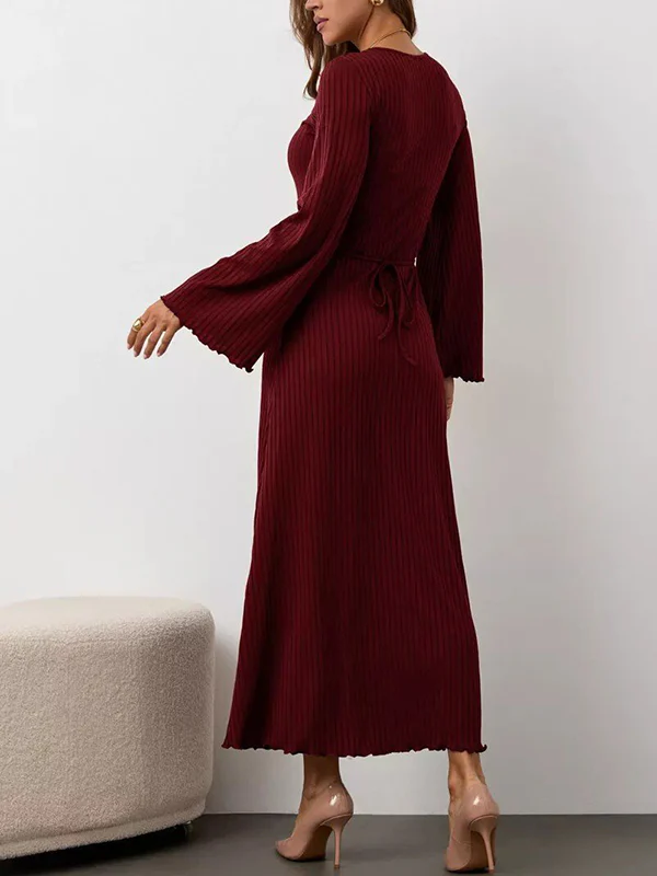 Long Sleeves Pleated Ruffled Solid Color Split-Joint Round-Neck Maxi Dresses - Image 6