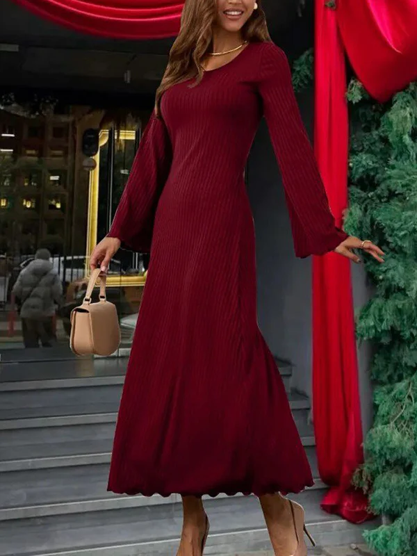 Long Sleeves Pleated Ruffled Solid Color Split-Joint Round-Neck Maxi Dresses - Image 7