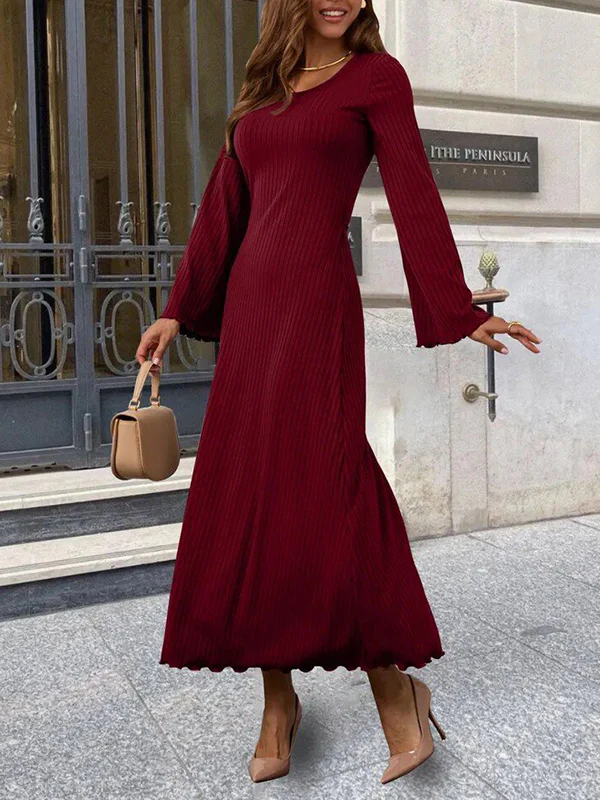 Long Sleeves Pleated Ruffled Solid Color Split-Joint Round-Neck Maxi Dresses - Image 8