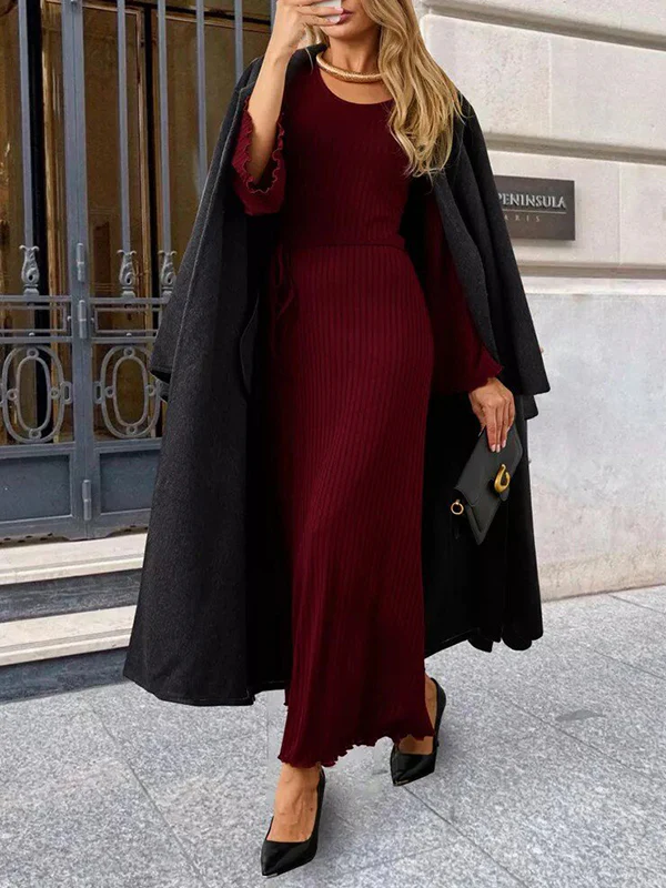 Long Sleeves Pleated Ruffled Solid Color Split-Joint Round-Neck Maxi Dresses - Image 9