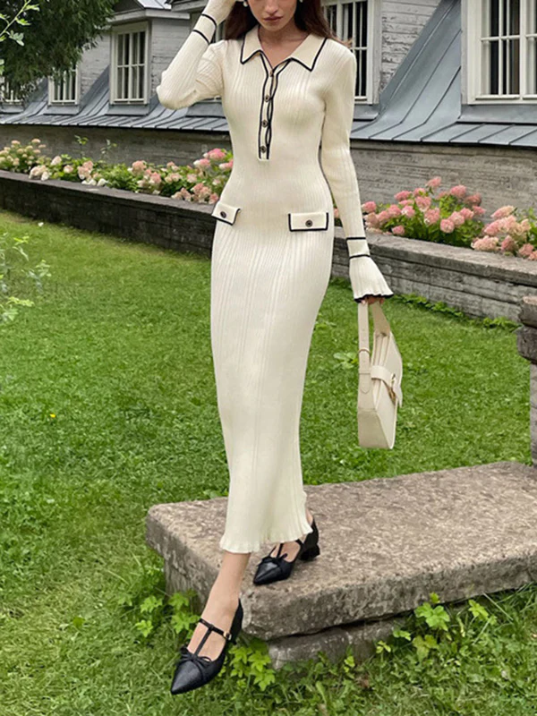 Long Sleeves Pleated Ruffled Split-Joint Lapel Maxi Dresses Sweater Dresses - Image 7