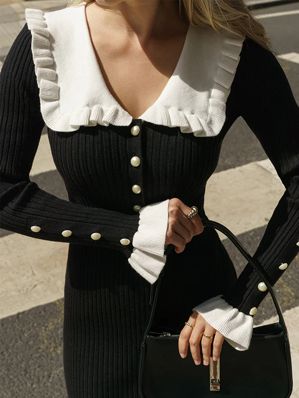 Long Sleeves Pleated Ruffled Split-Joint Peter Pan Collar Midi Dresses Sweater Dresses - Image 4