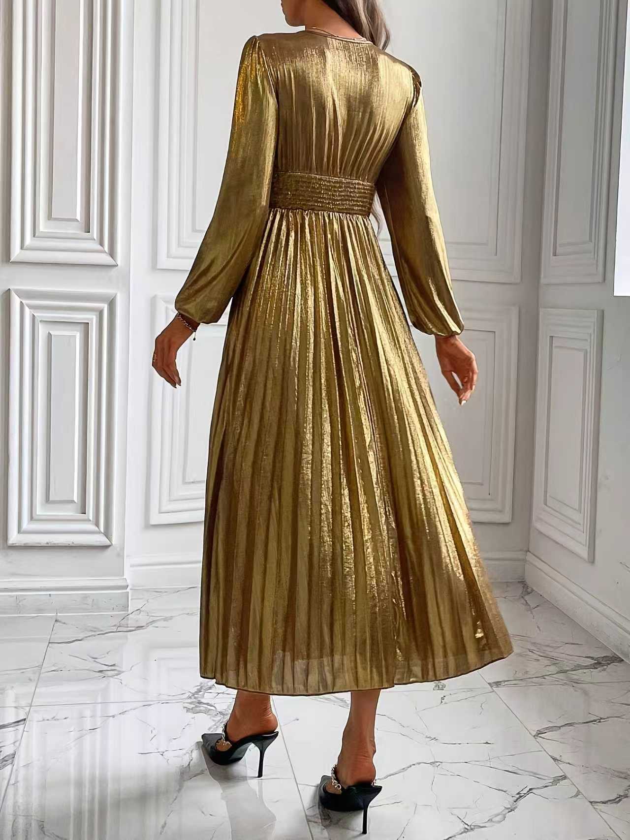 Long Sleeves Pleated Shiny Smocked Deep V-Neck Maxi Dresses - Image 2