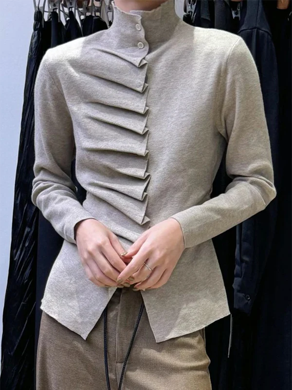 Long Sleeves Pleated Solid Color High Neck Pullovers - Image 2