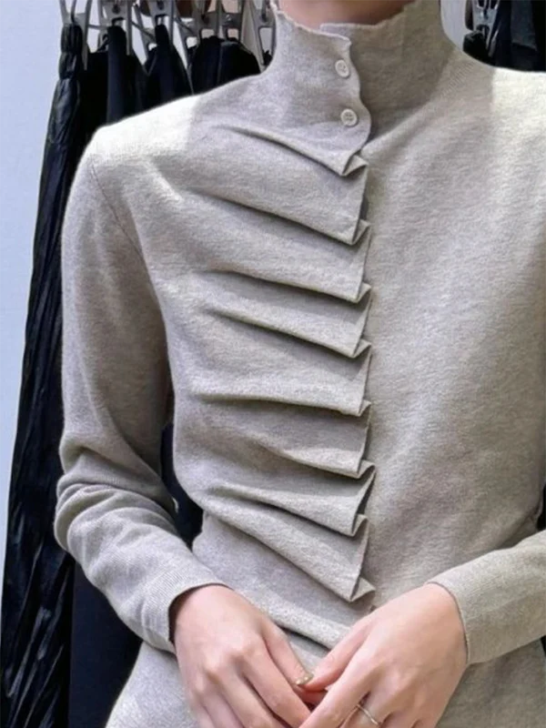 Long Sleeves Pleated Solid Color High Neck Pullovers - Image 3