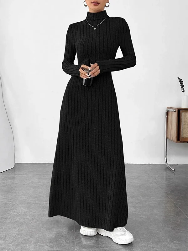 Long Sleeves Pleated Solid Color Split-Joint High Neck Maxi Dresses - Image 2