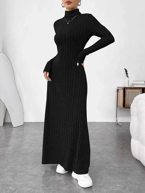 Long Sleeves Pleated Solid Color Split-Joint High Neck Maxi Dresses - Image 3