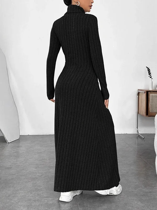 Long Sleeves Pleated Solid Color Split-Joint High Neck Maxi Dresses - Image 4