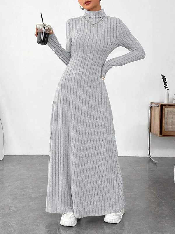 Long Sleeves Pleated Solid Color Split-Joint High Neck Maxi Dresses - Image 5