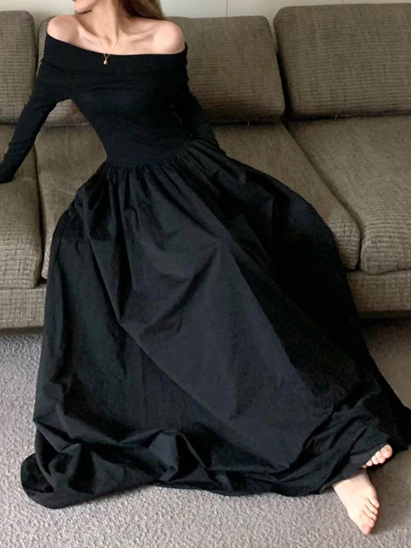 Long Sleeves Pleated Solid Color Split-Joint Off-The-Shoulder Maxi Dresses - Image 10
