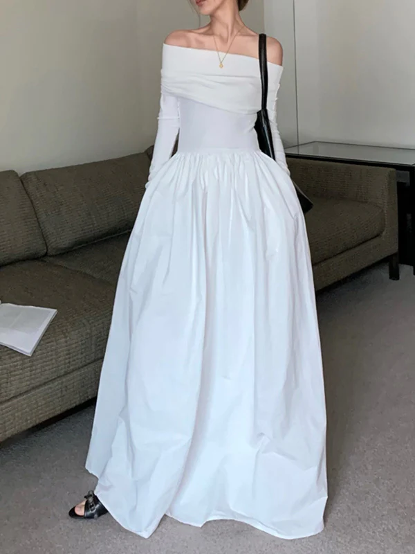 Long Sleeves Pleated Solid Color Split-Joint Off-The-Shoulder Maxi Dresses - Image 3