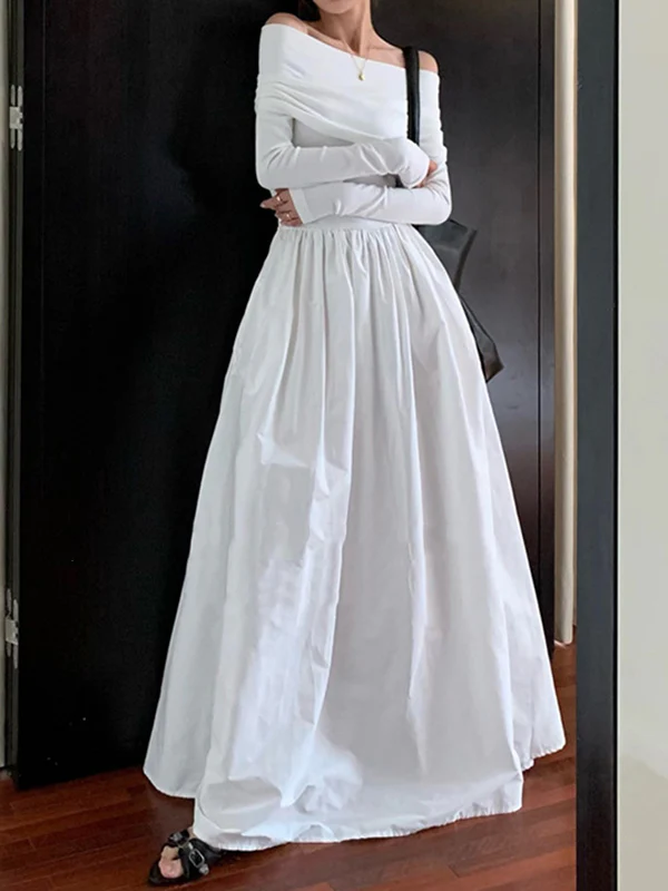 Long Sleeves Pleated Solid Color Split-Joint Off-The-Shoulder Maxi Dresses - Image 4
