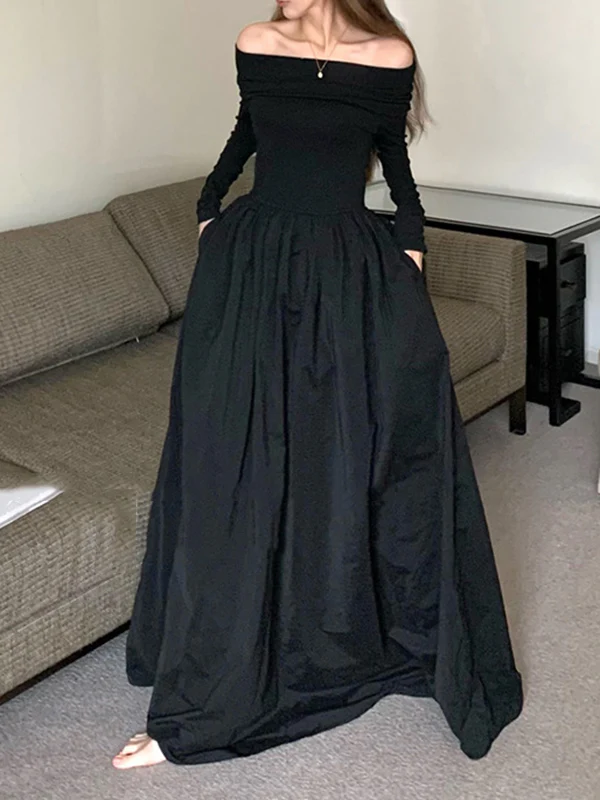Long Sleeves Pleated Solid Color Split-Joint Off-The-Shoulder Maxi Dresses - Image 5
